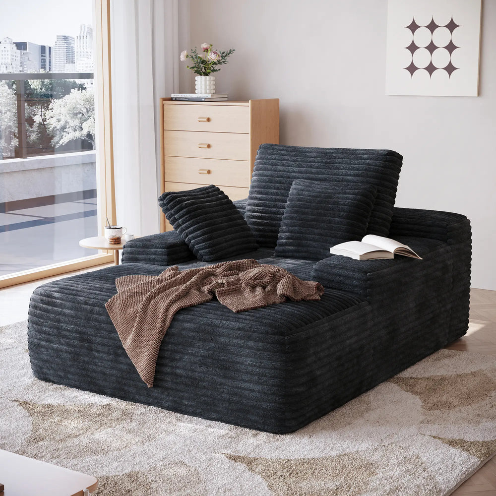 Essential Chaise Boneless Sofas | 1-Piece Corduroy Black Single Sofa 1-Seater