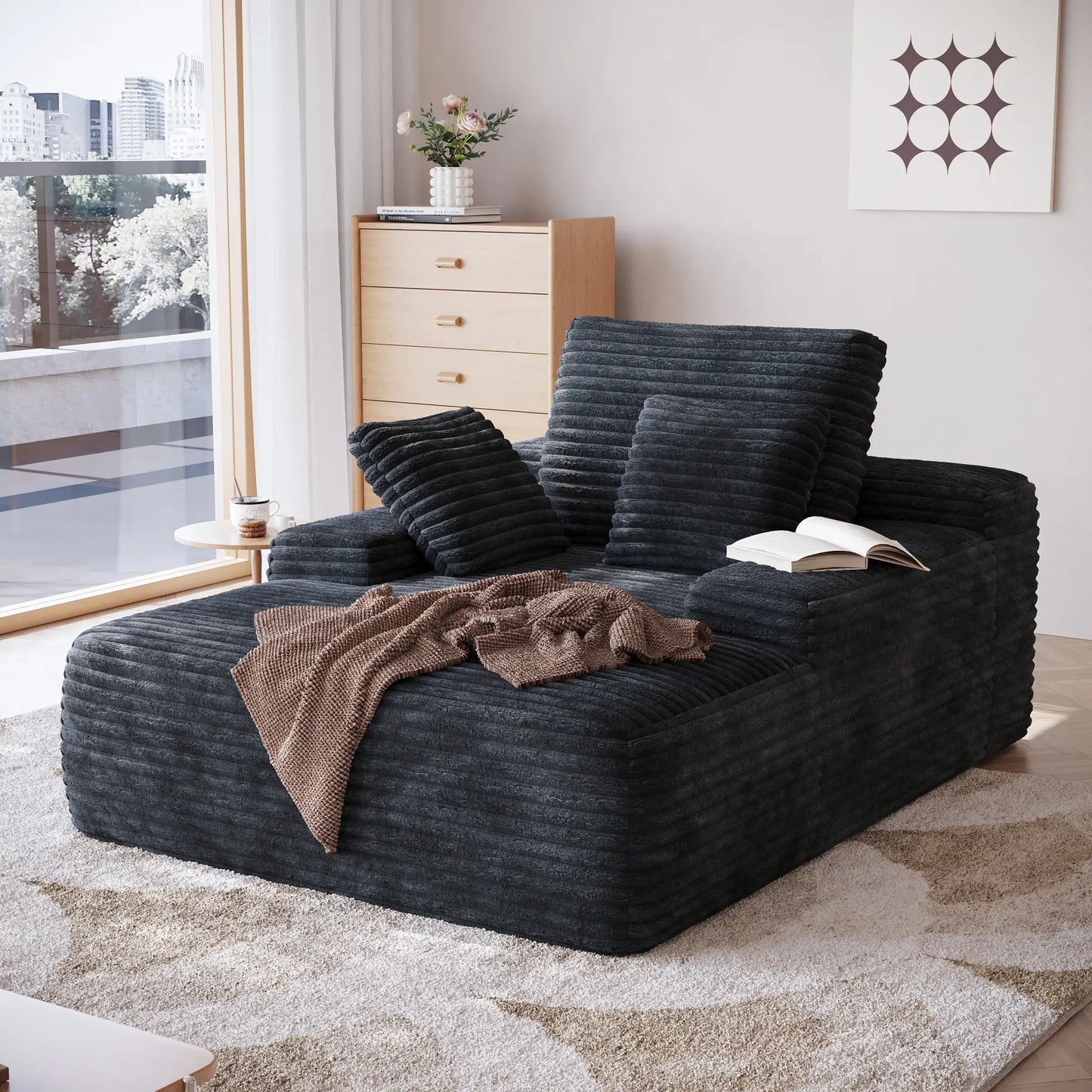 Essential Chaise Boneless Sofas | 1-Piece Corduroy Black Single Sofa 1-Seater