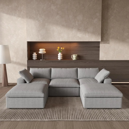 Deluxe Premium Cloud Sectional Sofas | 5-Piece Cotton and Linen Light Grey U-shaped Sectionals 160" Storage Ottoman 3-seaters