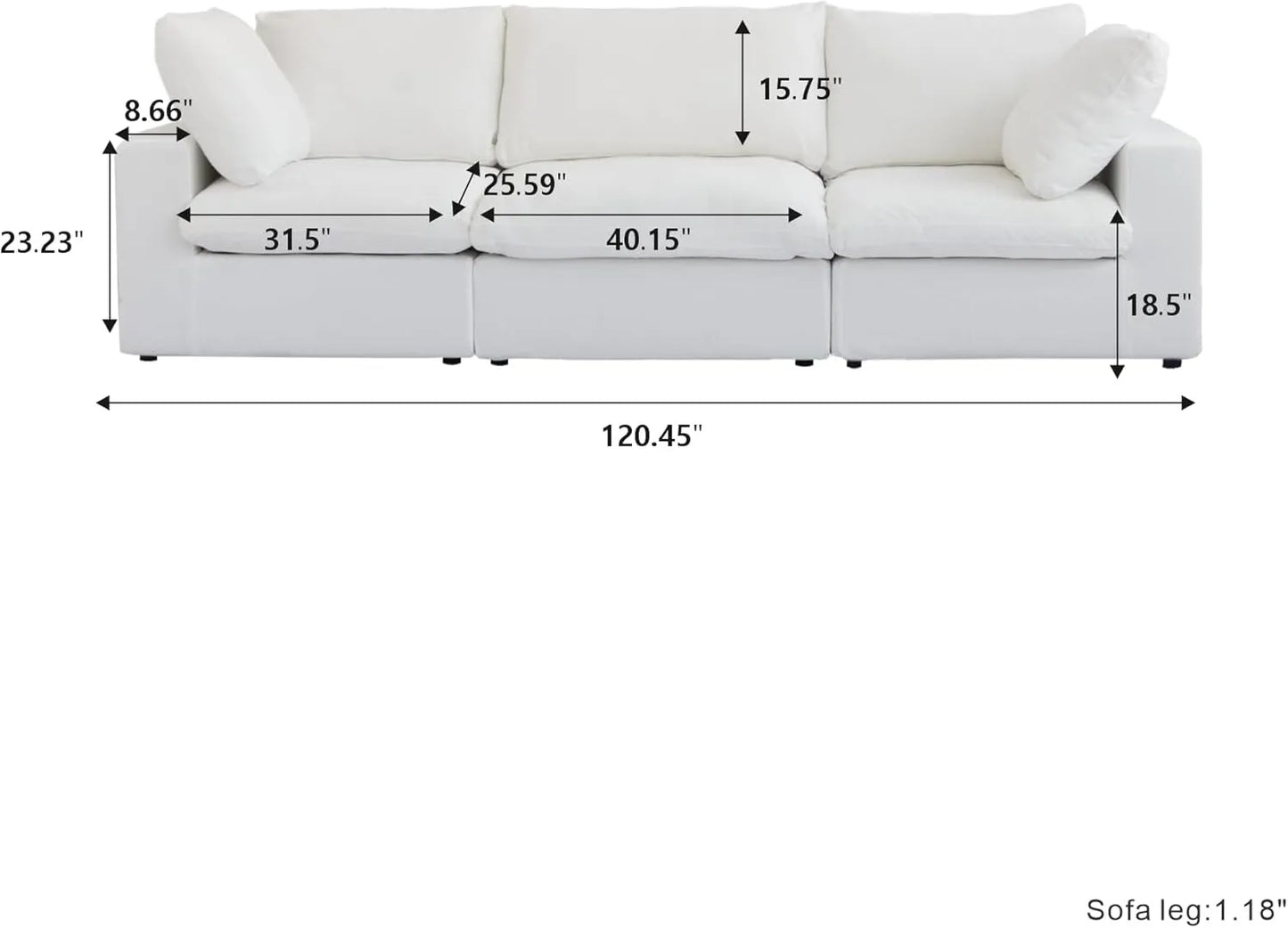 Deluxe Premium Cloud Sectional Sofas | 3-Piece Cotton and Linen White Couch Sectionals 120" Storage Ottoman 3-seaters