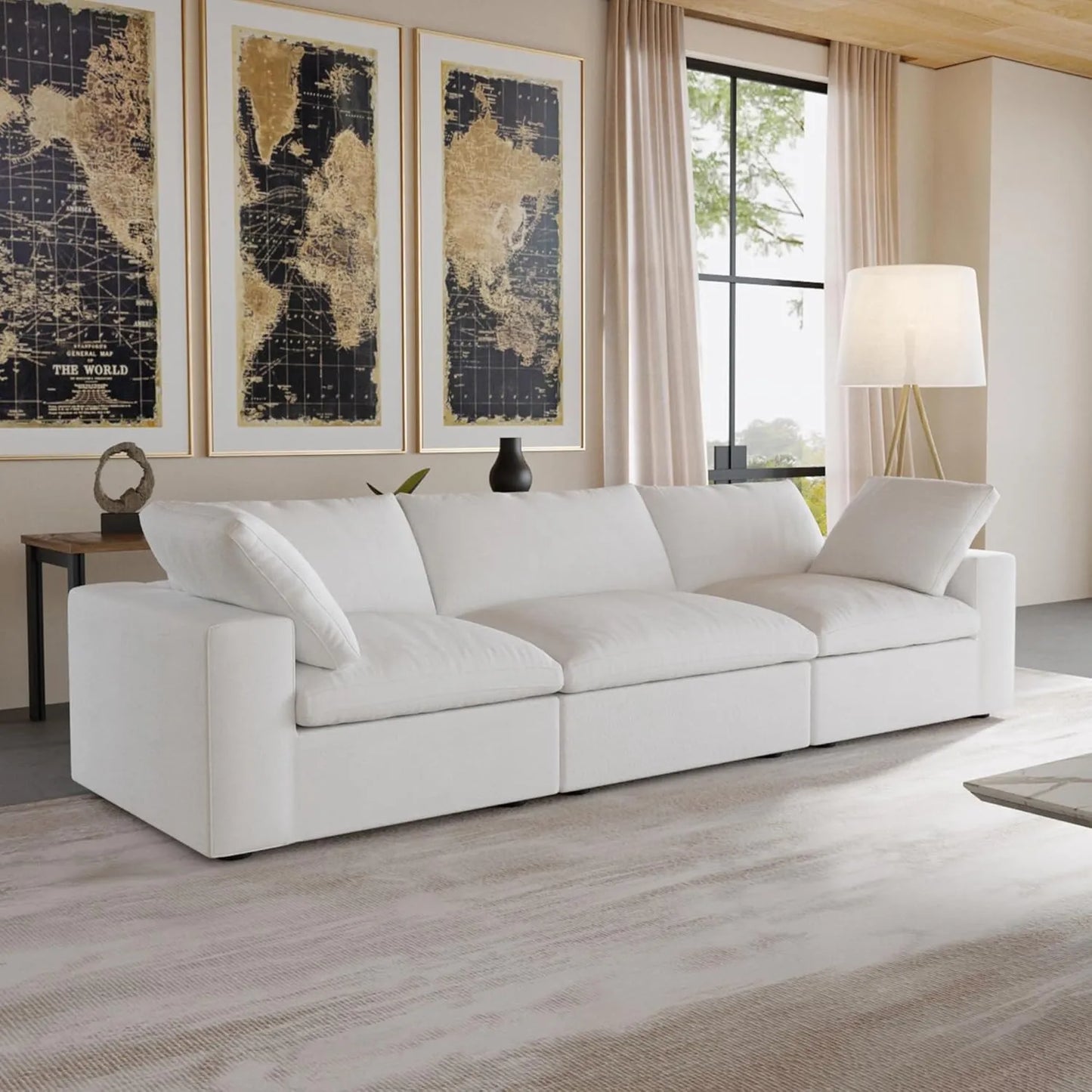 Deluxe Cloud 3-Seater White Washable Couch Sectional | 3-Piece, Cotton and Linen Fabric, Modular Design