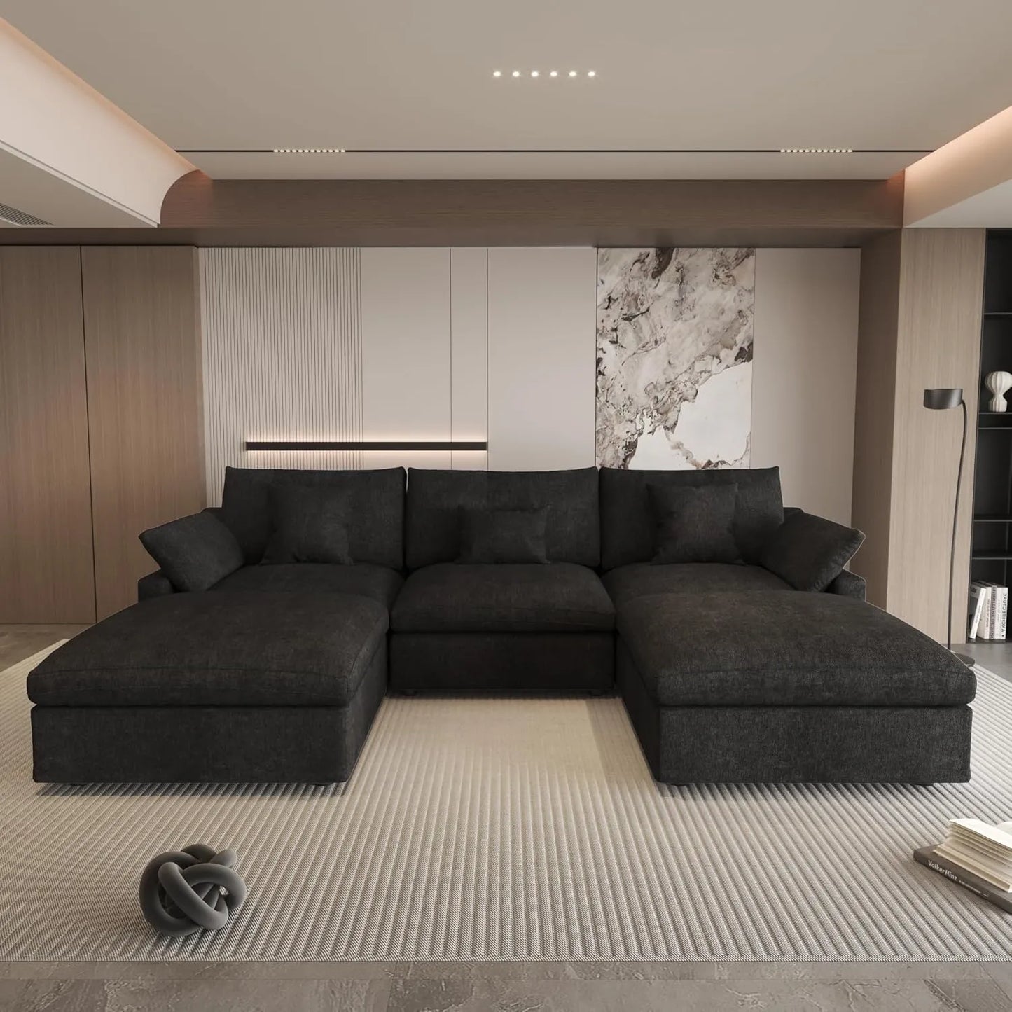 Deluxe Slope Cloud Sectional Sofas | Linen Black U-shaped Sectionals 120" Adjustable Backrest Pillows 3-seaters