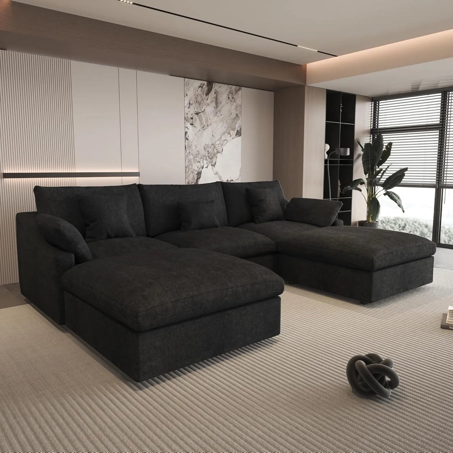 Sofás seccionales Deluxe Slope Cloud | Seccionales en forma de U de 5 piezas, de lino negro, con respaldo ajustable de 304 cm y cojines, para 3 plazas