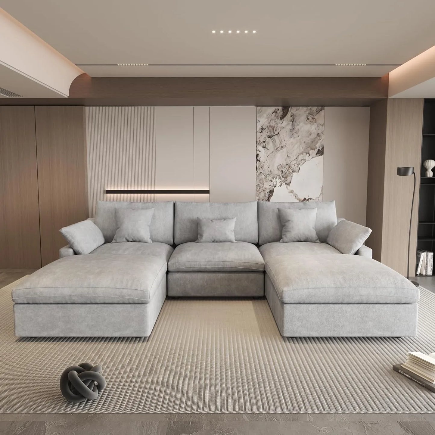 Deluxe Slope Cloud Sectional Sofas | Linen Light Grey U-shaped Sectionals 120" Adjustable Backrest Pillows 3-seaters