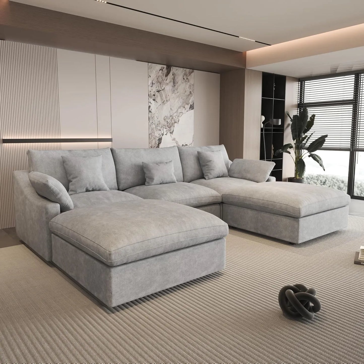 Sofás seccionales Deluxe Slope Cloud | Seccionales en forma de U de lino gris claro de 5 piezas, 3 plazas, 120" de respaldo ajustable y cojines