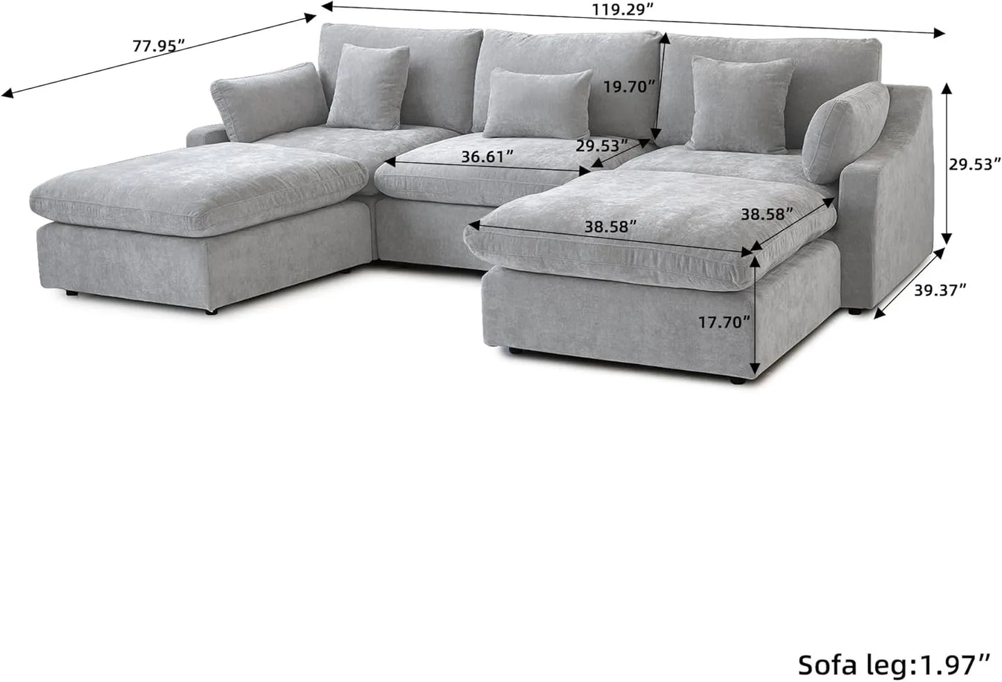 Deluxe Slope Cloud Sectional Sofas | Linen Light Grey U-shaped Sectionals 120" Adjustable Backrest Pillows 3-seaters