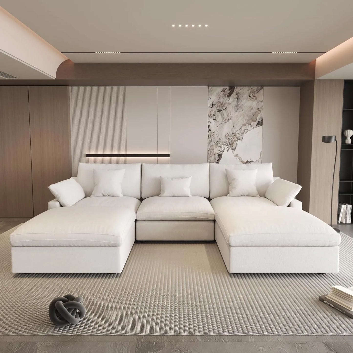 Deluxe Slope Cloud Sectional Sofas | Linen White U-shaped Sectionals 120" Adjustable Backrest Pillows 3-seaters