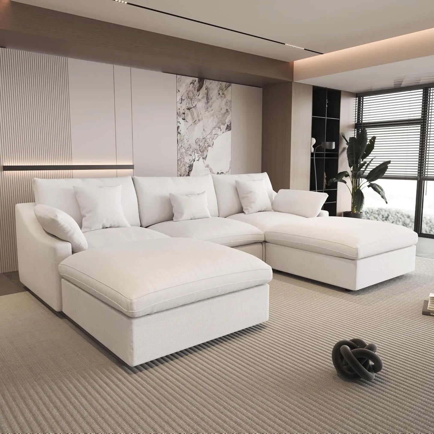 Sofás seccionales Deluxe Slope Cloud | Seccionales en forma de U de lino blanco de 5 piezas, 3 plazas, 120" de respaldo ajustable y cojines