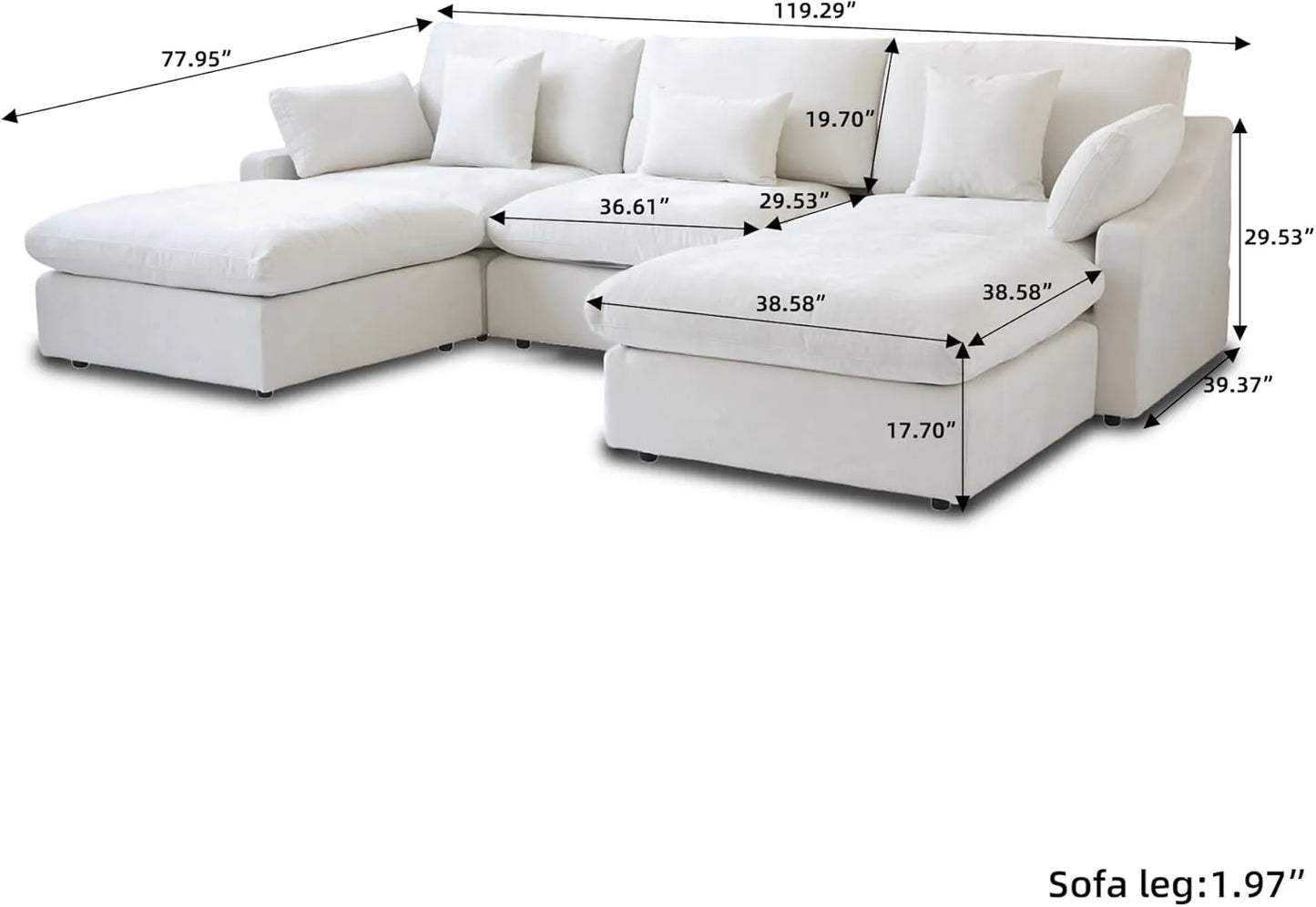 Deluxe Slope Cloud Sectional Sofas | Linen White U-shaped Sectionals 120" Adjustable Backrest Pillows 3-seaters