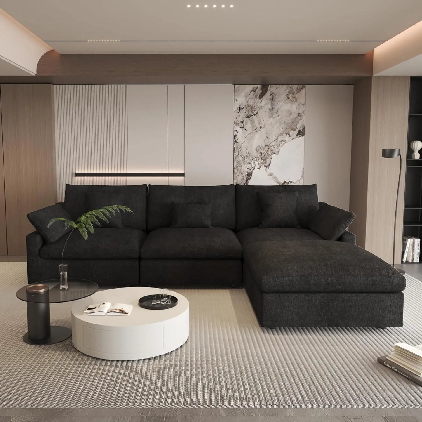 Deluxe Slope Cloud Sectional Sofas | Linen Black Couch Sectionals 120" Adjustable Backrest Pillows 3-seaters