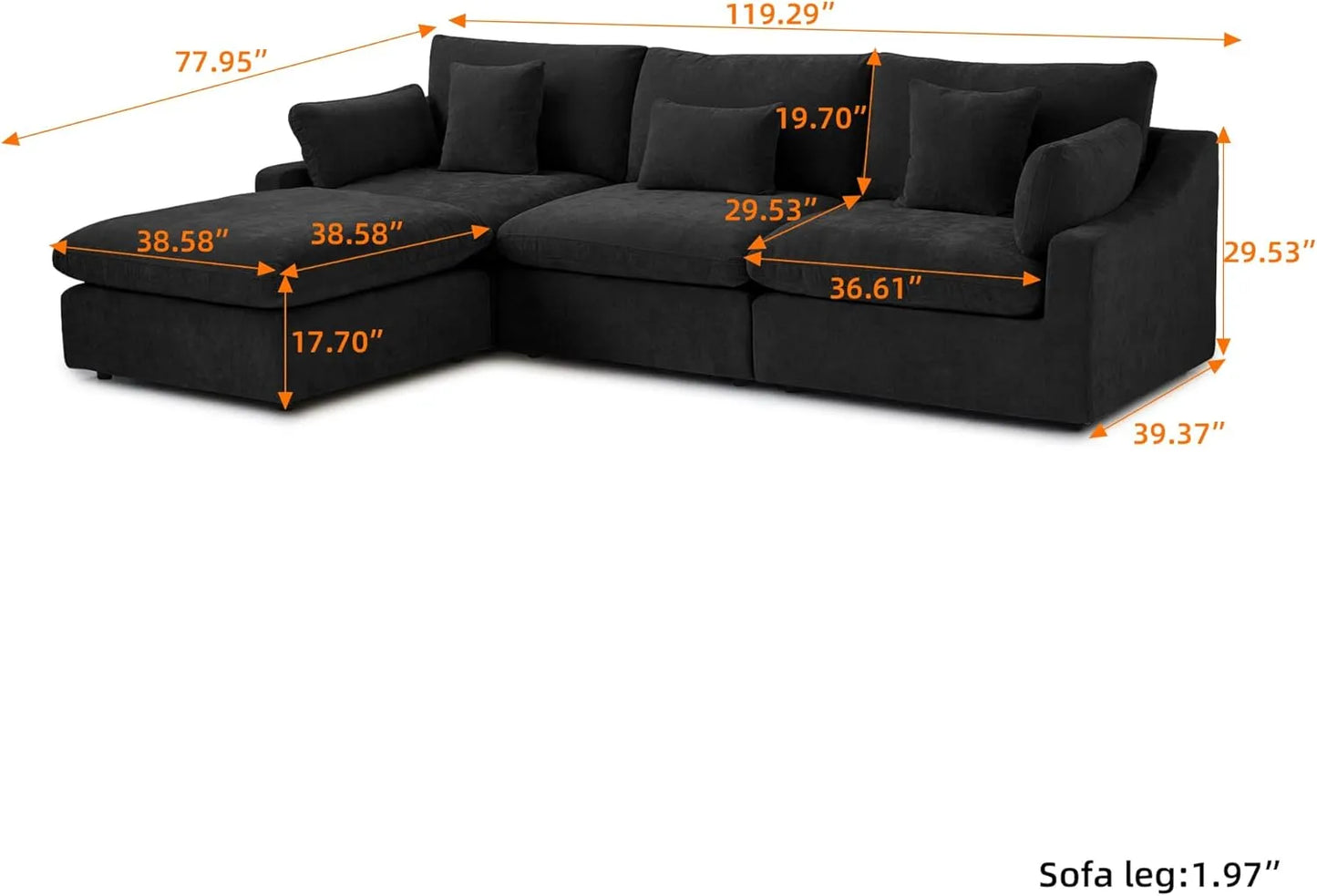Deluxe Slope Cloud Sectional Sofas | Linen Black Couch Sectionals 120" Adjustable Backrest Pillows 3-seaters