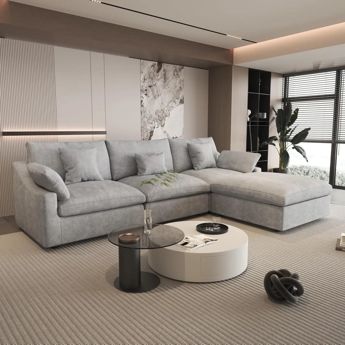 Sofás seccionales Deluxe Slope Cloud | Sofá seccional de 4 piezas de lino gris claro, 3 plazas, respaldo ajustable de 120" y cojines