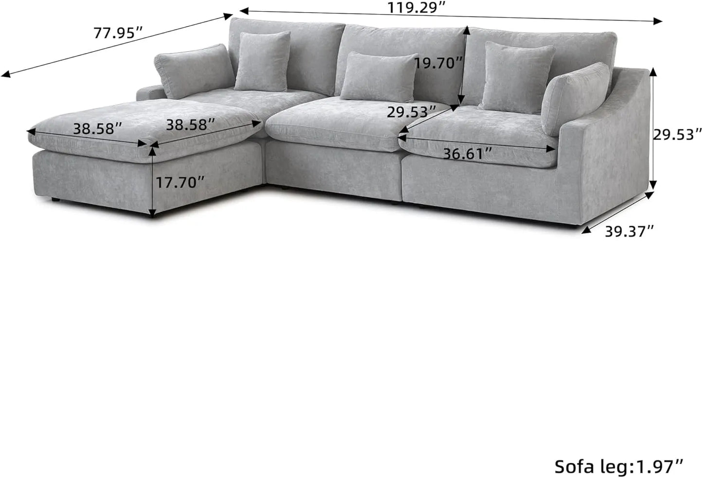 Deluxe Slope Cloud Sectional Sofas | Linen Light Grey Couch Sectionals 120" Adjustable Backrest Pillows 3-seaters