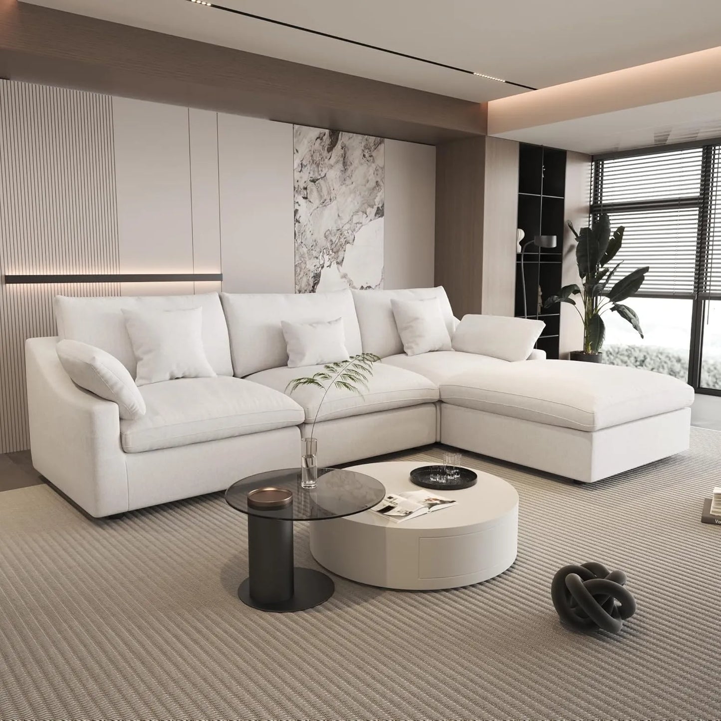 Deluxe Slope Cloud Sectional Sofas | 4-Piece Linen White L-Shaped Sectionals 120" Adjustable Backrest Pillows 3-Seater
