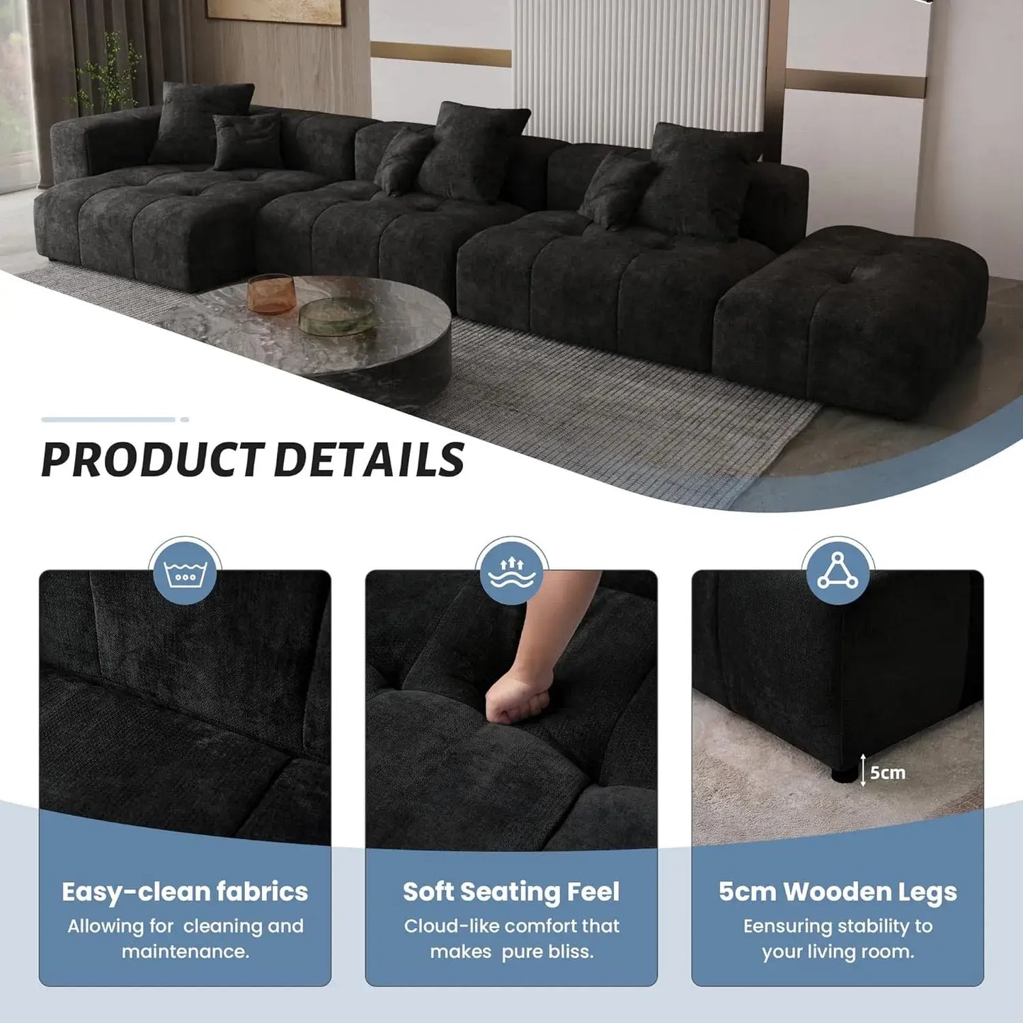 Matrix Classic Modular Sofas | Black Cotton and Linen Couch Sectionals 3-seaters with 1 Ottoman