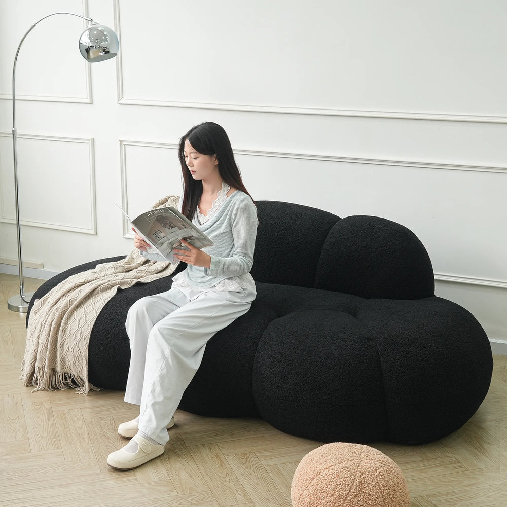 Essential Cloud Boneless Sofas | 1-Piece Teddy Velvet Black Loveseats 3-Seater