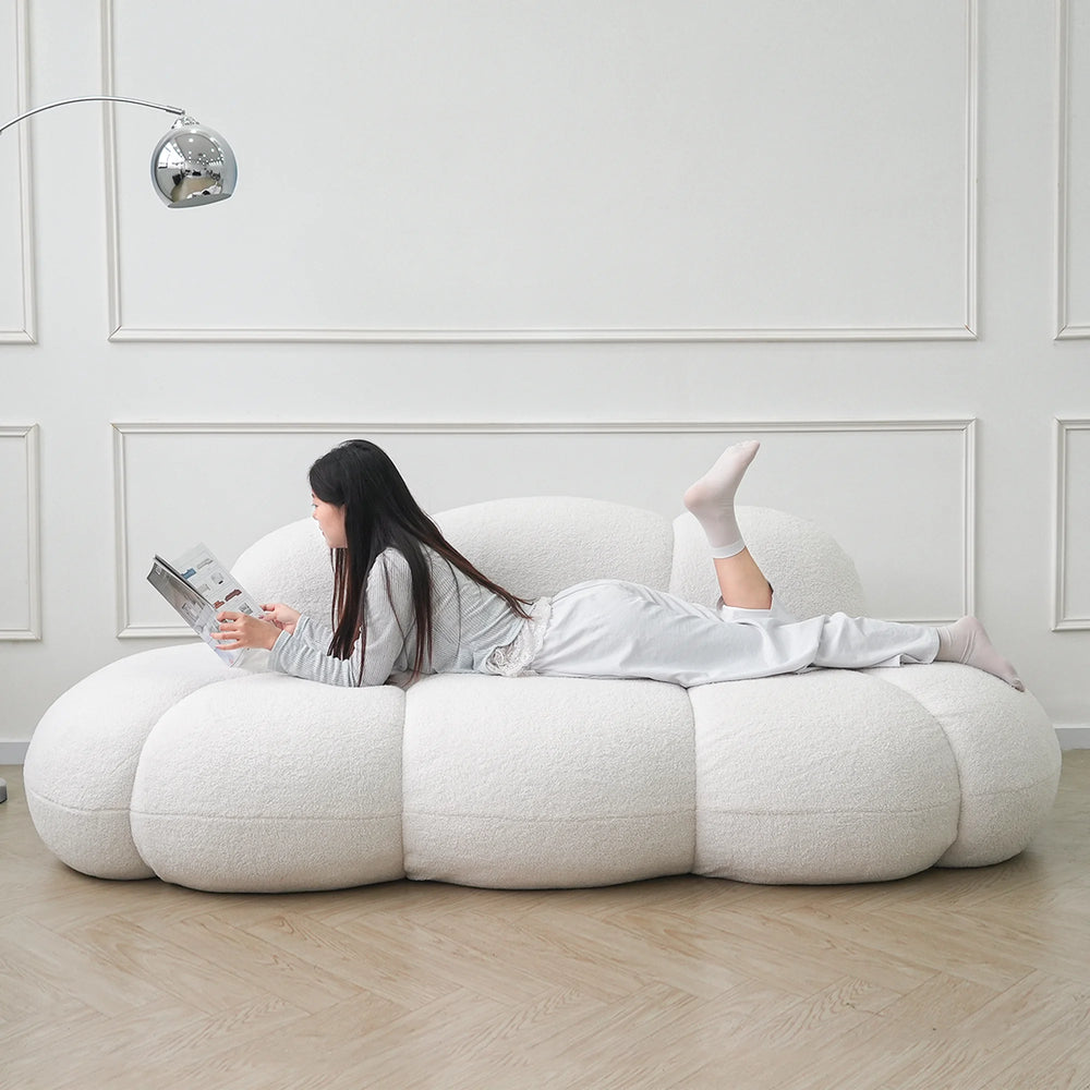 Essential Cloud Boneless Sofas | 1-Piece Teddy Velvet White Loveseats 3-Seater