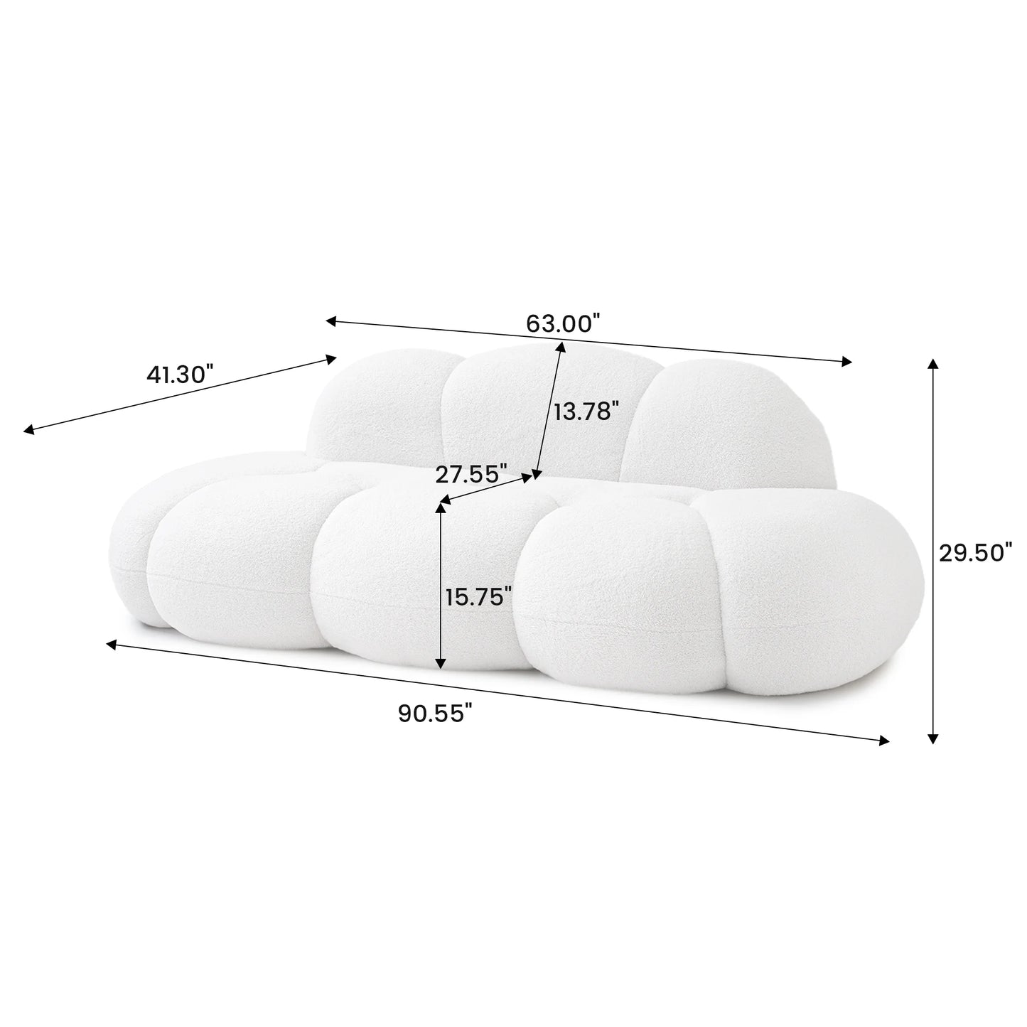 Essential Cloud Boneless Sofas | 1-Piece Teddy Velvet White Loveseats 3-Seater