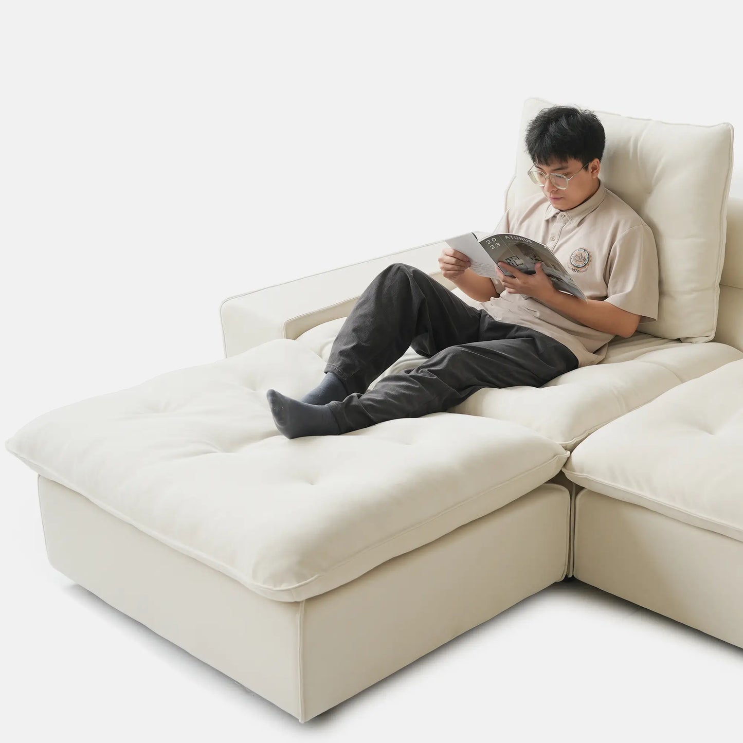 Deluxe Adjustable Cloud Sectional Sofas | 5-Piece Beige Frosted Velvet L shaped Sectionals 5-seaters