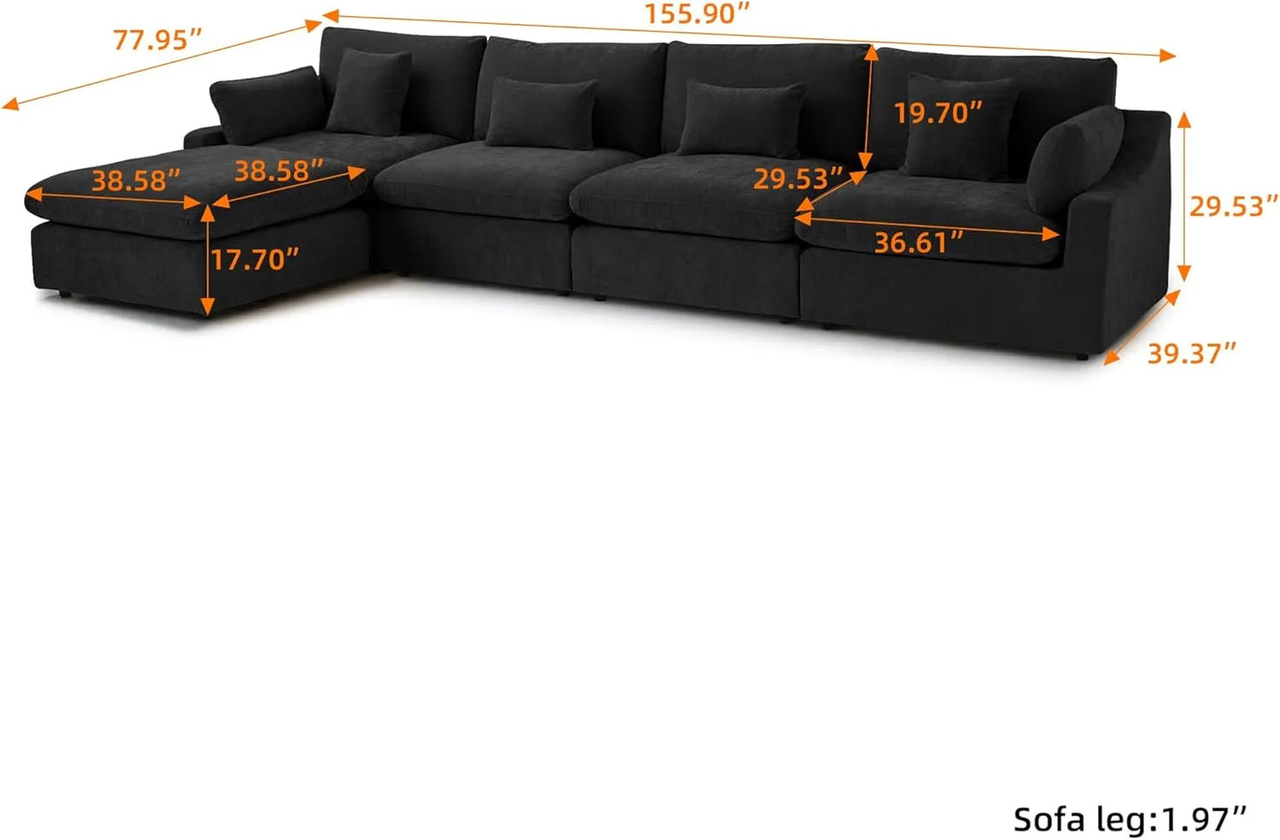 Deluxe Slope Cloud Sectional Sofas | Linen Black L-Shaped Sectionals 160" Adjustable Backrest Pillows 4-seaters