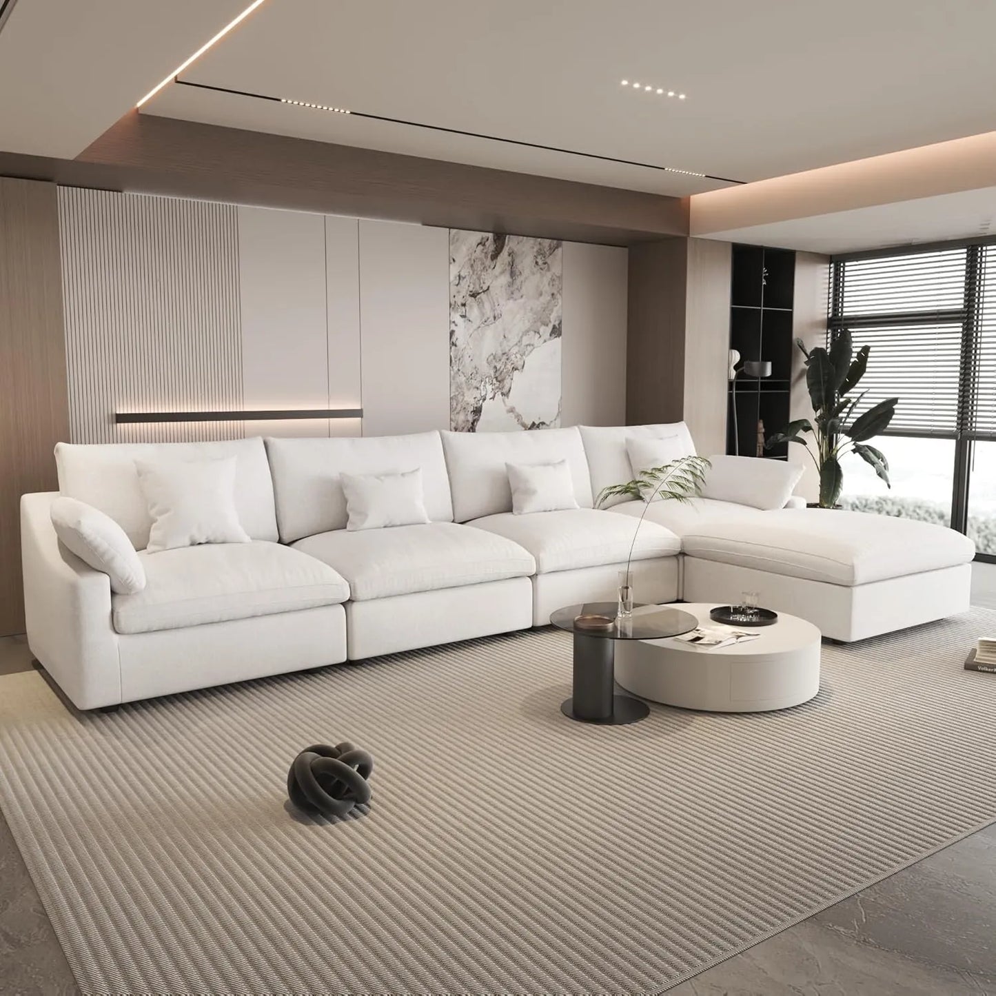 Deluxe Slope Cloud Sectional Sofas | Linen White L-Shaped Sectionals 160" Adjustable Backrest Pillows 4-seaters