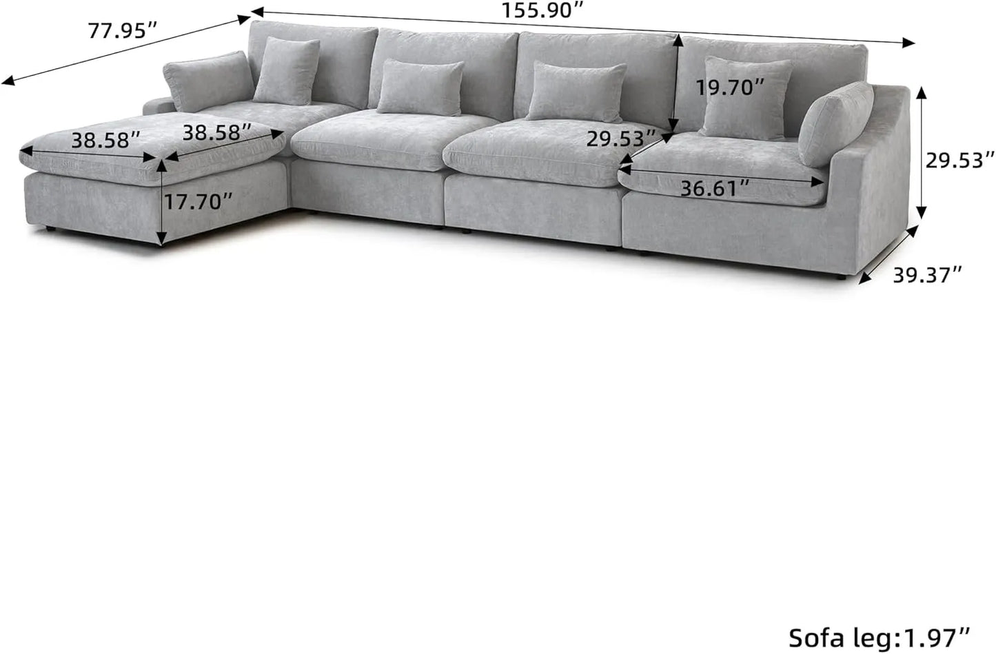 Deluxe Slope Cloud Sectional Sofas | Linen Light Grey L-Shaped Sectionals 160" Adjustable Backrest Pillows 4-seaters