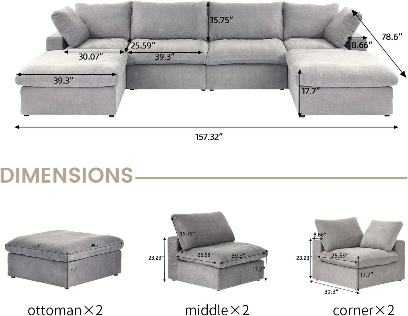 Deluxe Premium Cloud Sectional Sofas | Cotton and Linen Light Grey U-shaped Sectionals 160" Removable & Washable Covers 4-seaters