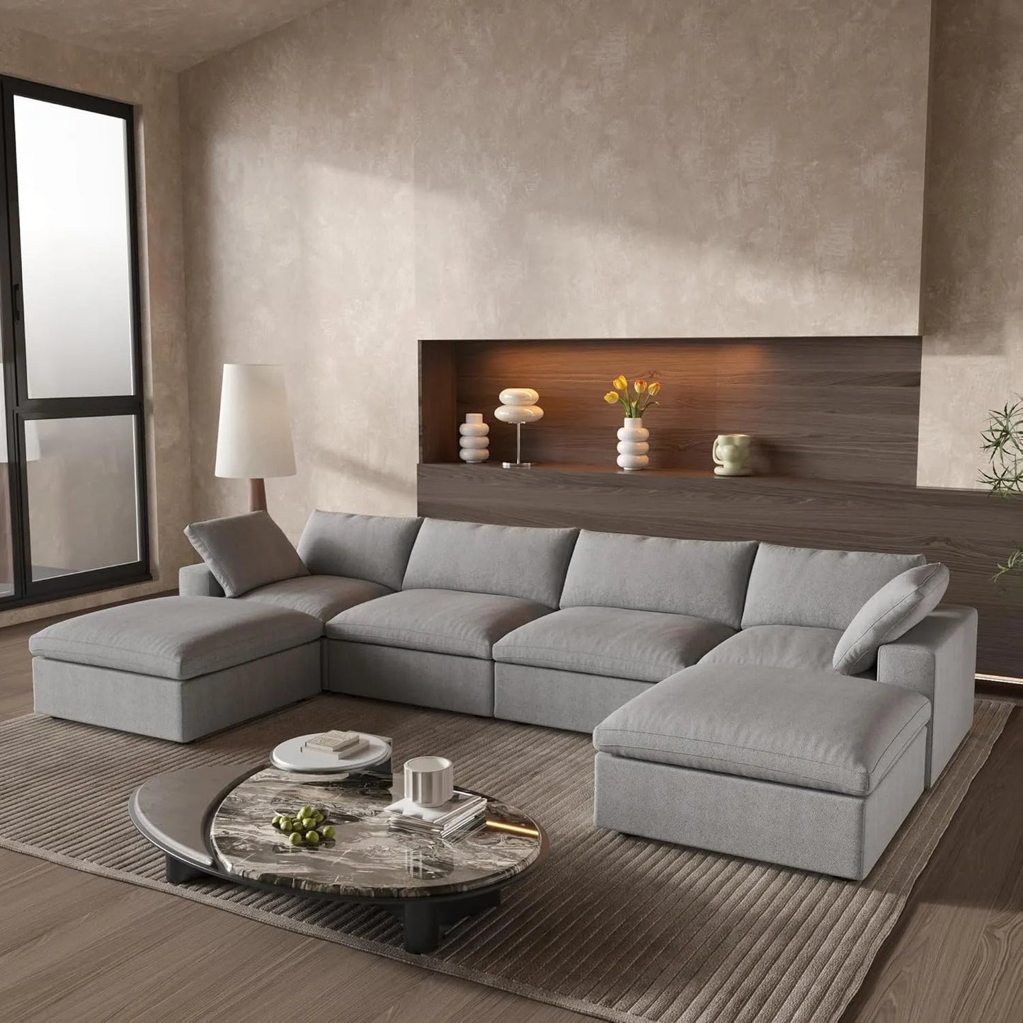 Deluxe Premium Cloud Sectional Sofas | 6-Piece Cotton and Linen Light Grey U-shaped Sectionals 160" Removable & Washable Covers 4-Seater