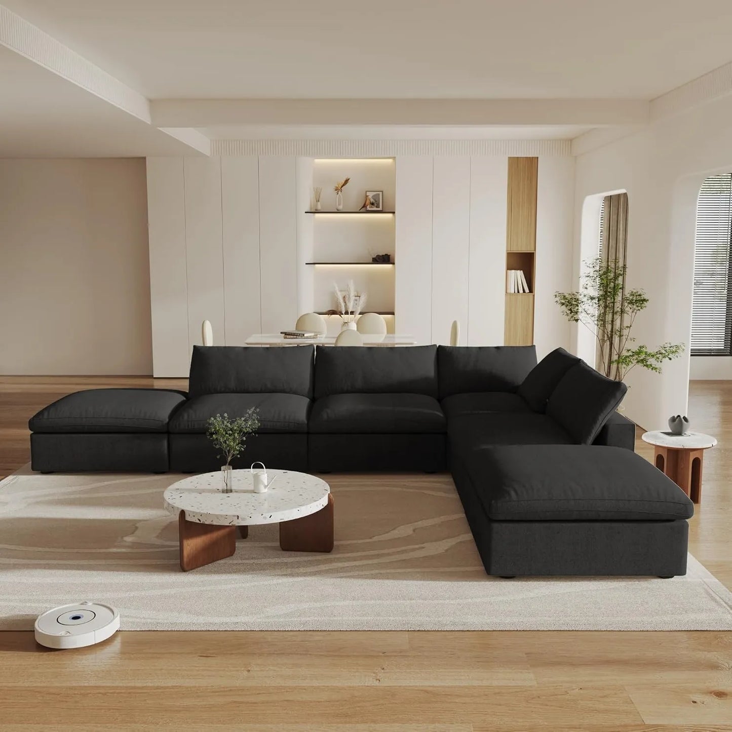Deluxe Cloud 4-Seater Black Storage L-Shaped Sectional | 6-Piece (includes 2 Ottomans), Cotton and Linen Fabric, Washable Covers