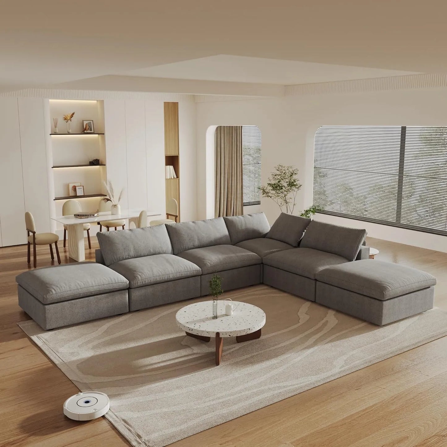 Deluxe Cloud 4-Seater Light-Grey Storage L-Shaped Sectional | 6-Piece (includes 2 Ottomans), Cotton and Linen Fabric, Washable Covers