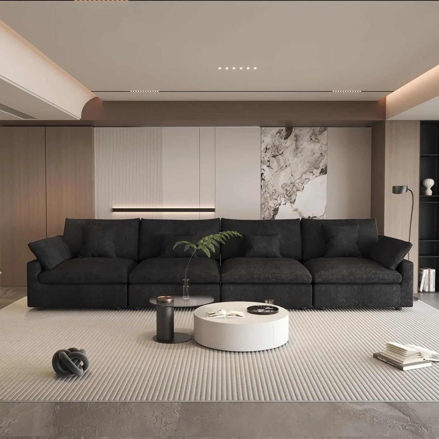 Deluxe Slope Cloud Sectional Sofas | Linen Black Couch Sectionals 160" Adjustable Backrest Pillows 4-seaters
