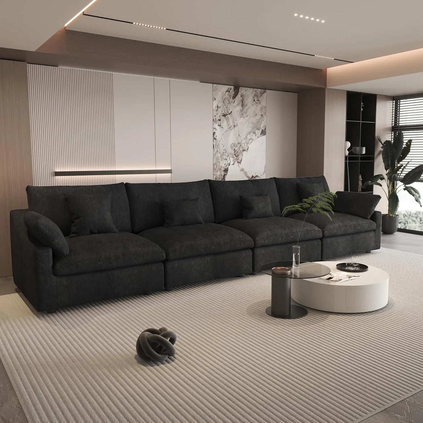 Deluxe Slope Cloud Sectional Sofas | Linen Black Couch Sectionals 160" Adjustable Backrest Pillows 4-seaters