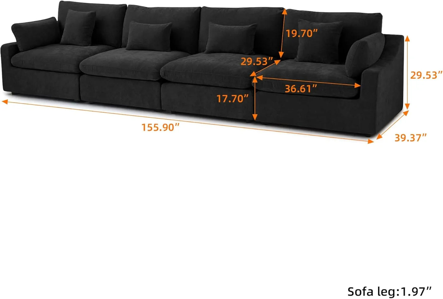 Deluxe Slope Cloud Sectional Sofas | Linen Black Couch Sectionals 160" Adjustable Backrest Pillows 4-seaters