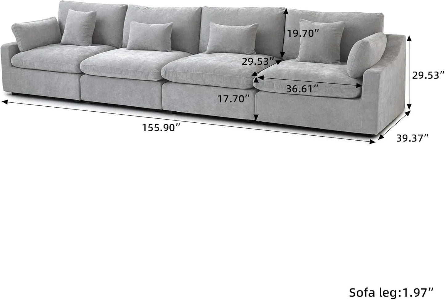 Deluxe Slope Cloud Sectional Sofas | Linen Light Grey Couch Sectionals 160" Adjustable Backrest Pillows 4-seaters