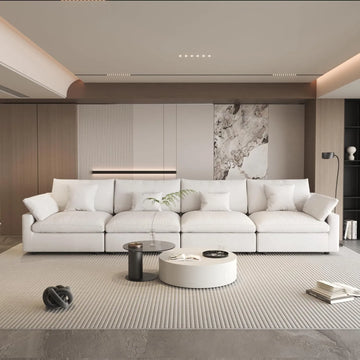 Deluxe Slope Cloud Sectional Sofas | Linen White Couch Sectionals 160" Adjustable Backrest Pillows 4-seaters