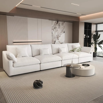 Deluxe Slope Cloud Sectional Sofas | Linen White Couch Sectionals 160" Adjustable Backrest Pillows 4-seaters