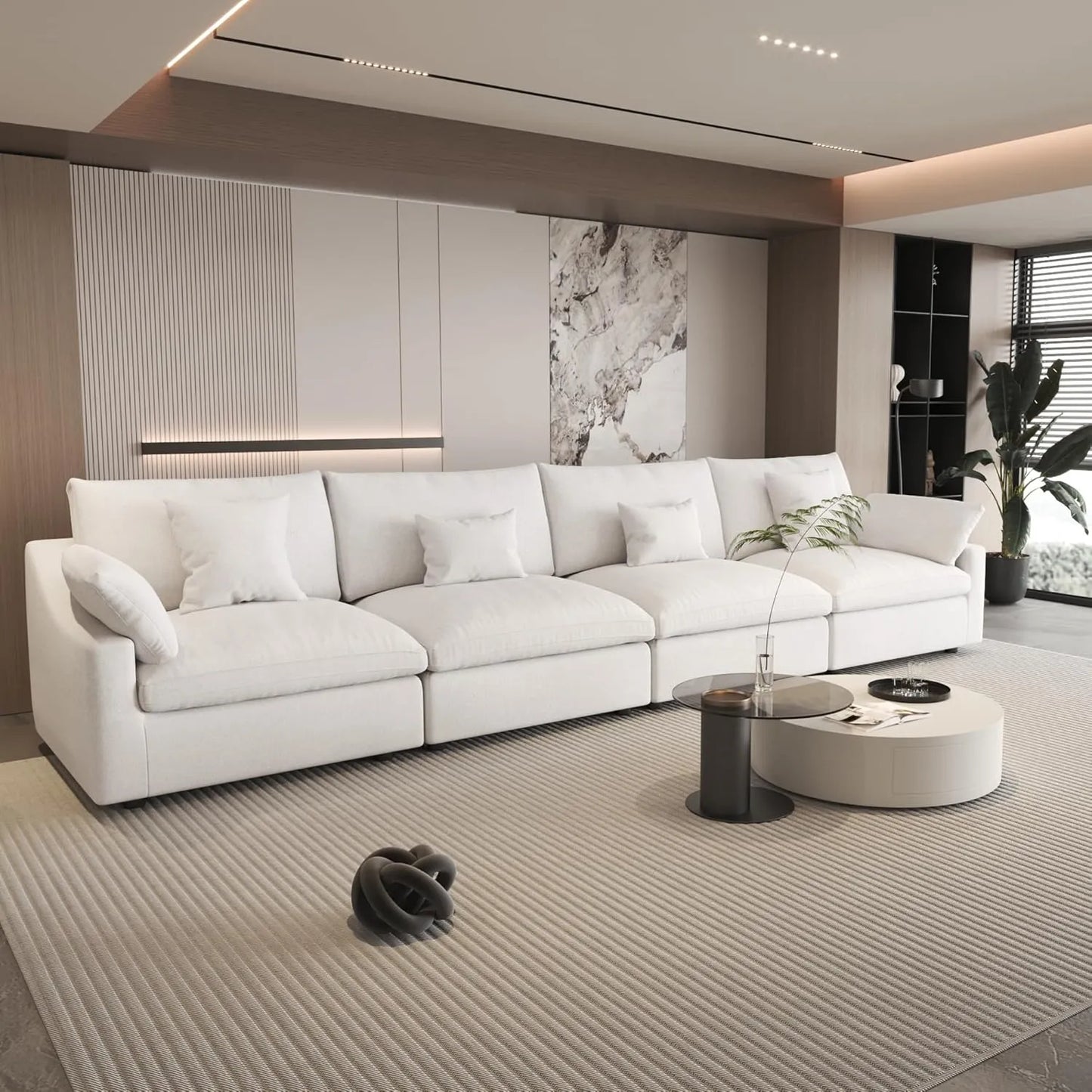 Sofás seccionales Deluxe Slope Cloud | Sofá seccional de 4 piezas de lino blanco, 4 plazas, 160" de respaldo ajustable y cojines