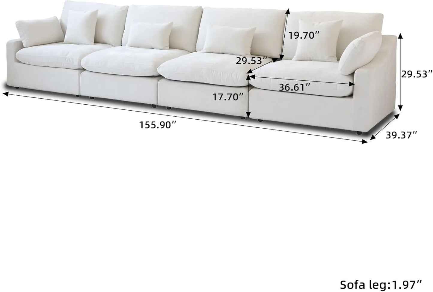 Deluxe Slope Cloud Sectional Sofas | Linen White Couch Sectionals 160" Adjustable Backrest Pillows 4-seaters