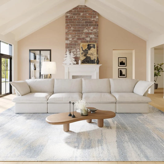 Deluxe Linen Cloud Sectional Sofas | 4-Piece Beige Cotton and Linen Couch Sectionals 4-seaters