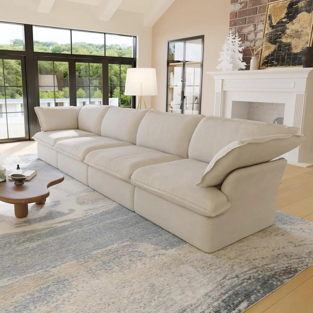 Deluxe Linen Cloud Sectional Sofas | 4-Piece Beige Cotton and Linen Couch Sectionals 4-seaters