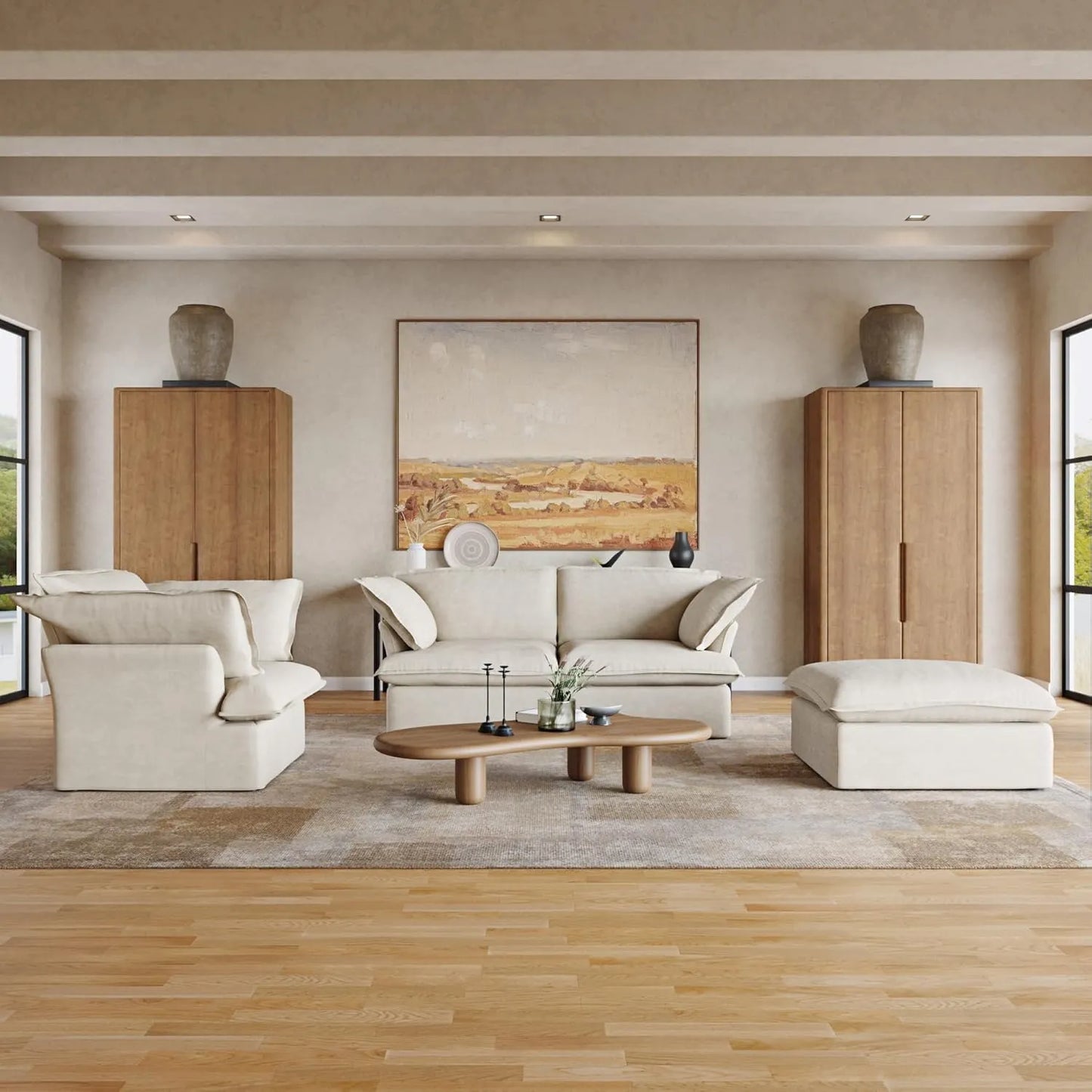 Deluxe Linen Cloud Sectional Sofas | 4-Piece Beige Cotton and Linen Couch Sectionals 4-seaters