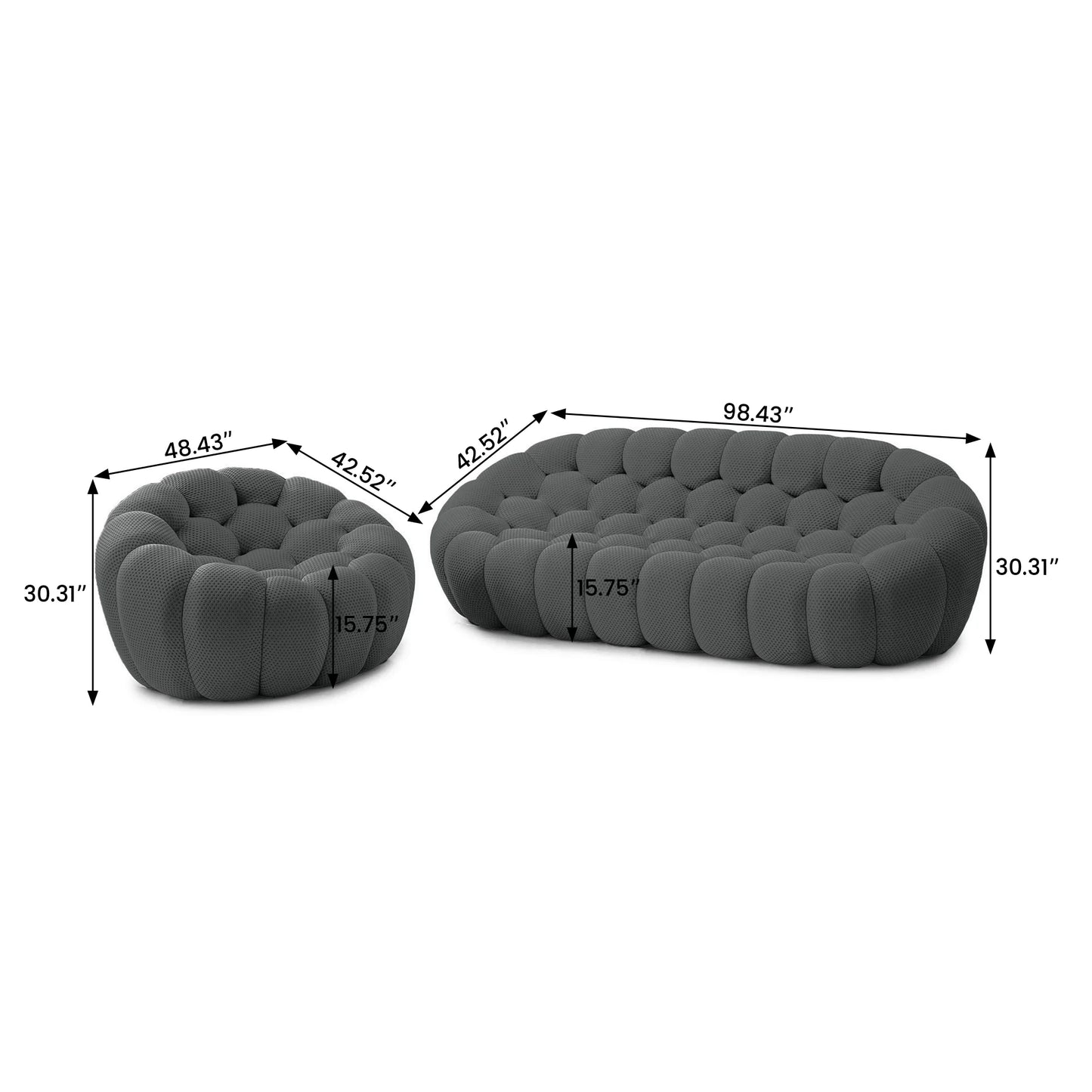 Essential Armless Floor Sofas | 2-Piece 3D Knitted Fabric Grey L-Shaped Sectionals 4-Seater