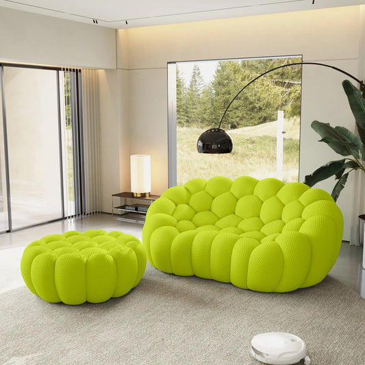 Sofás Essential Arc Boneless | Chaise longue seccional de dos piezas en tejido de punto 3D verde lima con 1 otomana