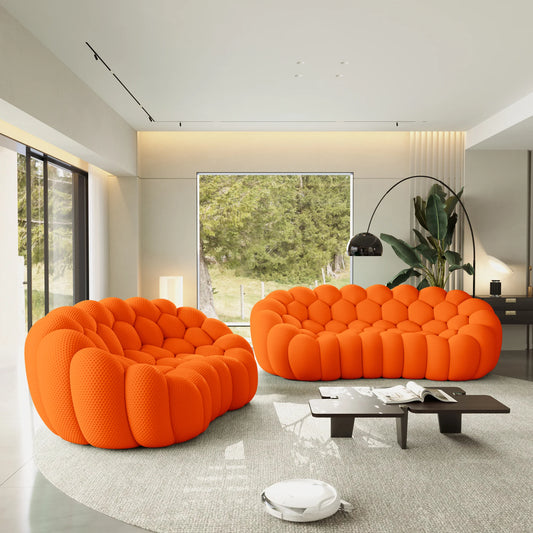 Sofás Essential Arc Boneless | Seccionales de 2 piezas en forma de L de 5 plazas en tejido de punto 3D naranja