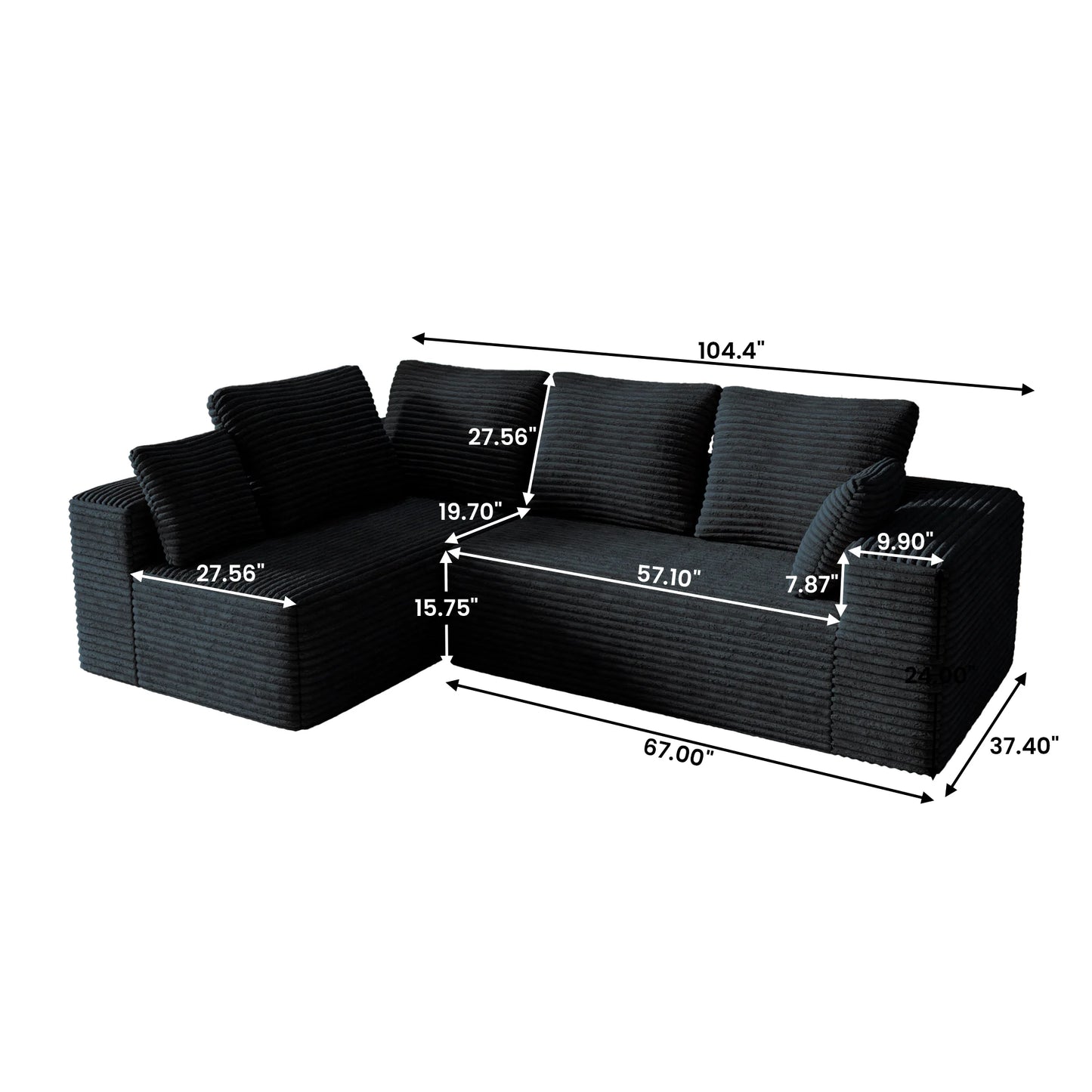 Sofás seccionales Matrix Nook | Sofás seccionales de 2 piezas en forma de L de pana negra de 2 plazas