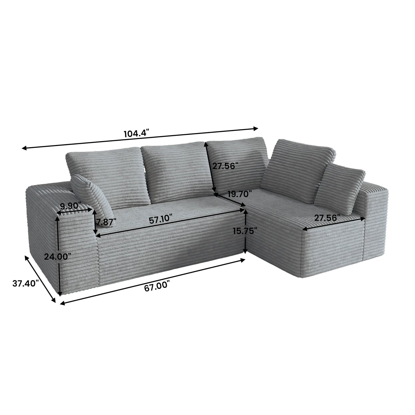 Sofás seccionales Matrix Nook | Sofás seccionales en forma de L de 2 piezas de pana gris claro de 2 plazas