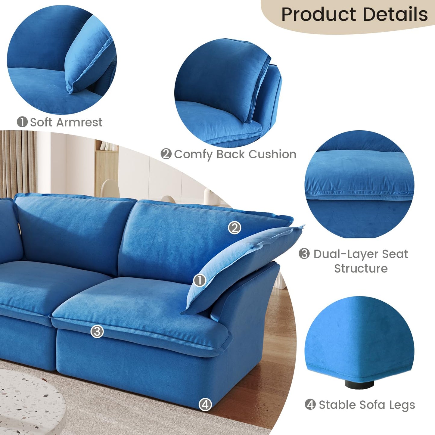 Sectional Couches for Living Room,82.66" Cloud Modular Sectional Sofa, Velvet Deep Couch,Cushion Covers Removable & Replaceable,LoveSofa,Blue