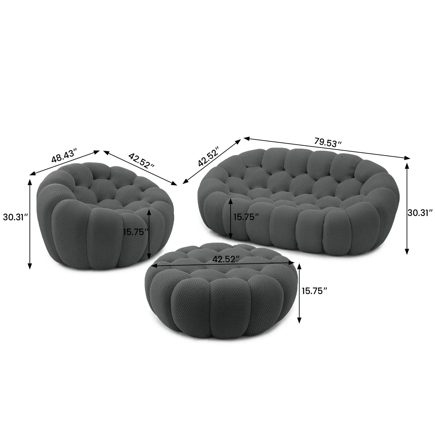 Essential Armless Floor Sofas | 3-Piece 3D Knitted Fabric Grey Sofa Sets 3-Seater With 1 Ottoman