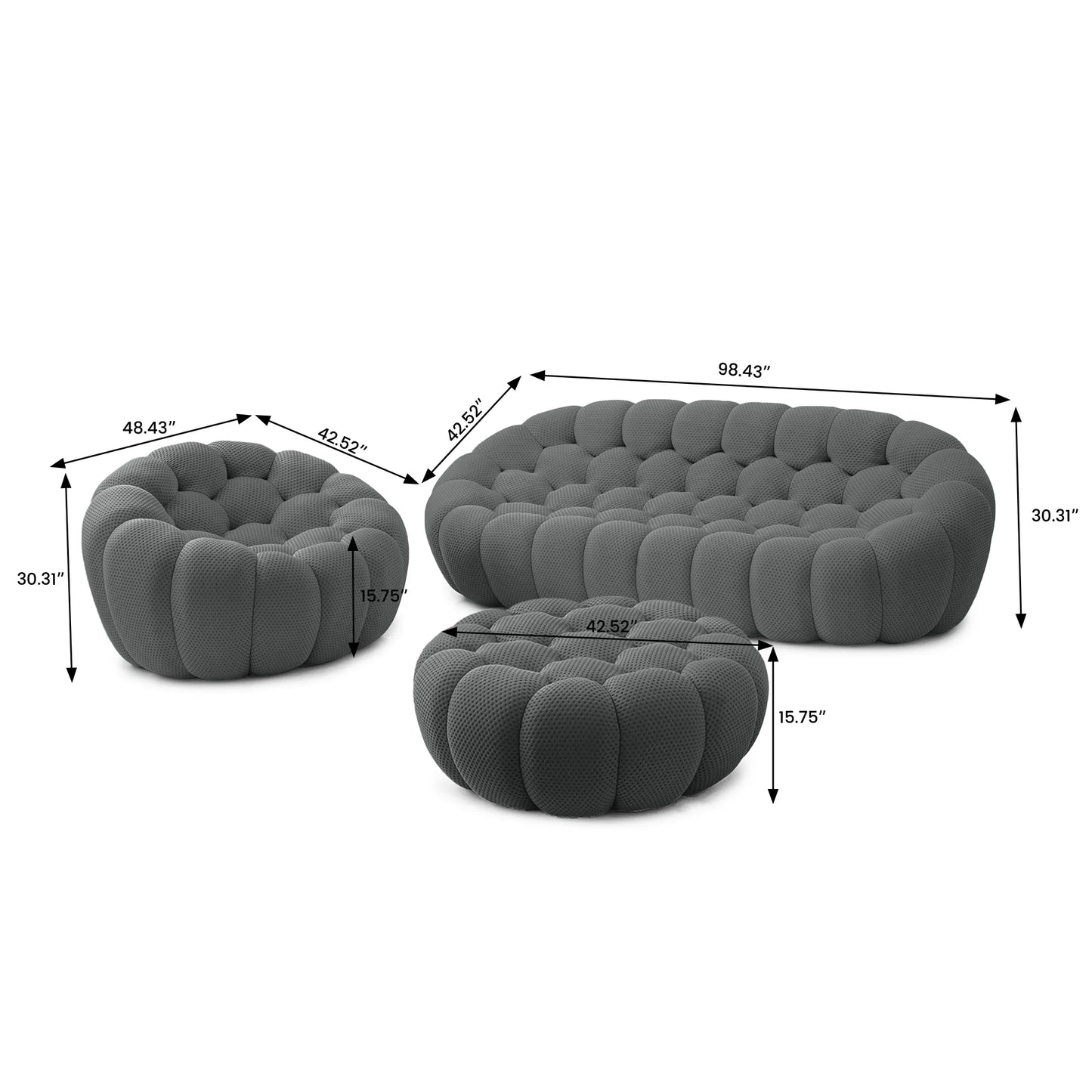 Essential Armless Floor Sofas | 3-Piece 3D Knitted Fabric Grey Sofa Sets 4-Seater With 1 Ottoman