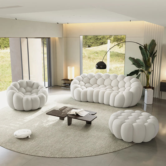 Sofás Essential Arc Boneless | Conjunto de sofás de 3 piezas en tejido de punto 3D gris claro de 4 plazas con 1 otomana